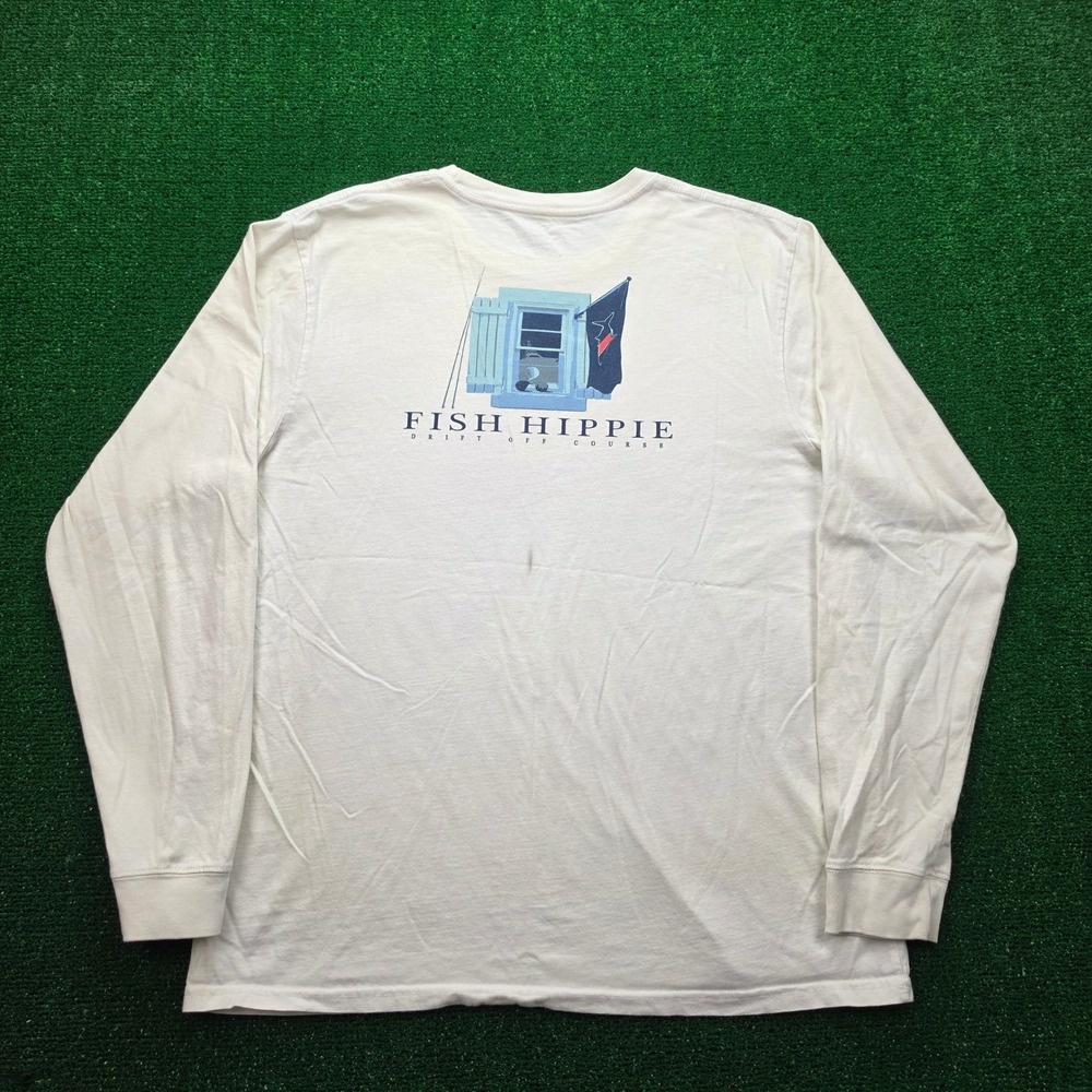 Fish Hippie Tshirt Mens XL White Long Sleeve Drift Off Course Fishing Tee